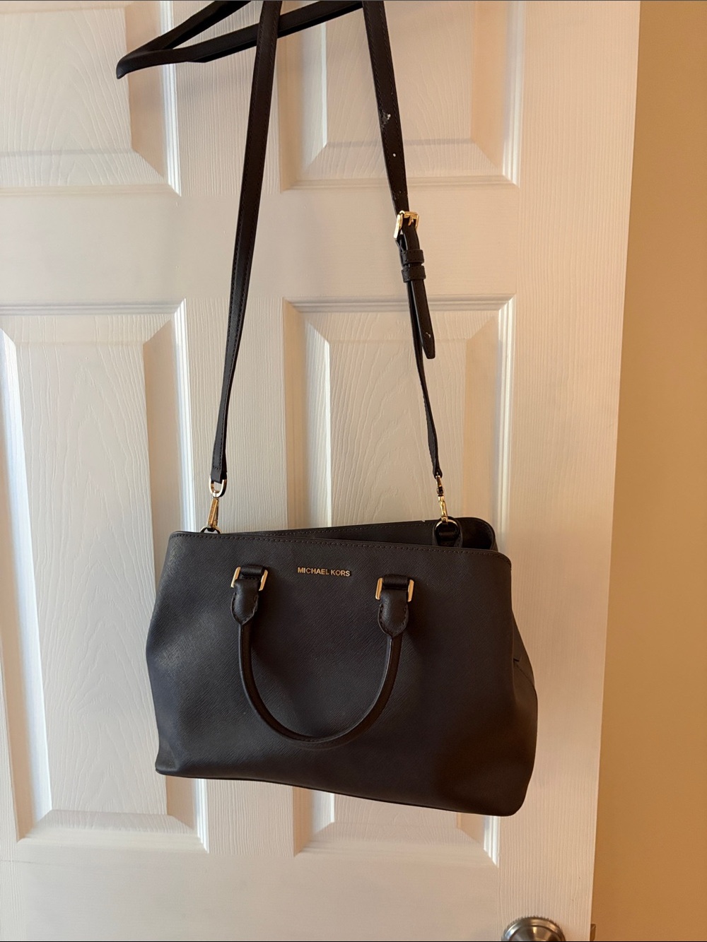 Michael Kors Brown Leather Satchel with Gold Hardware and Crossbody Strap